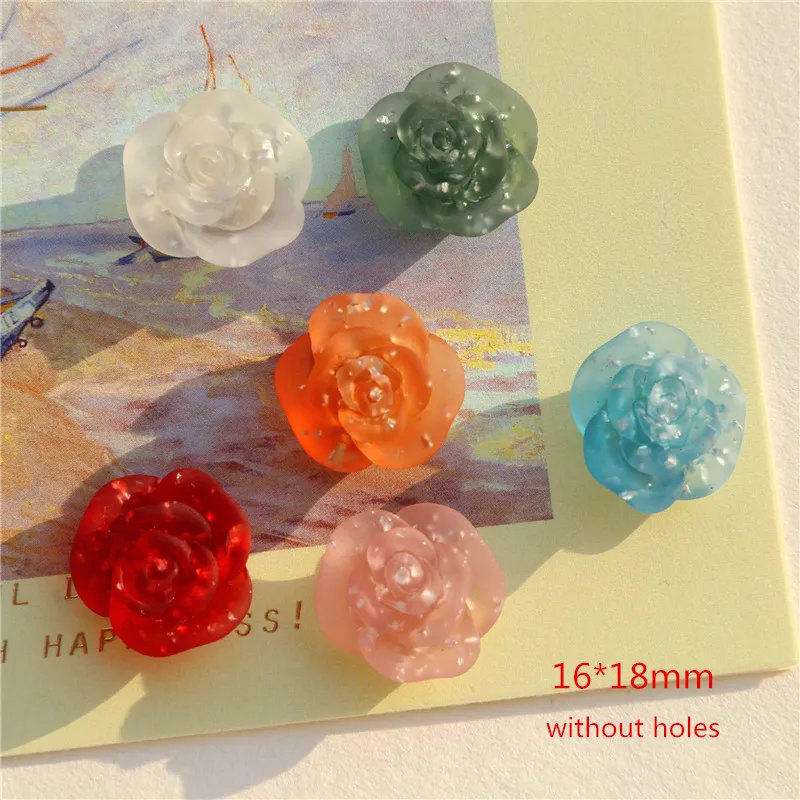 New style 60pcs/lot Matte color print cartoon rose flowers shape resin flatback beads diy jewelry earring/garment accessory