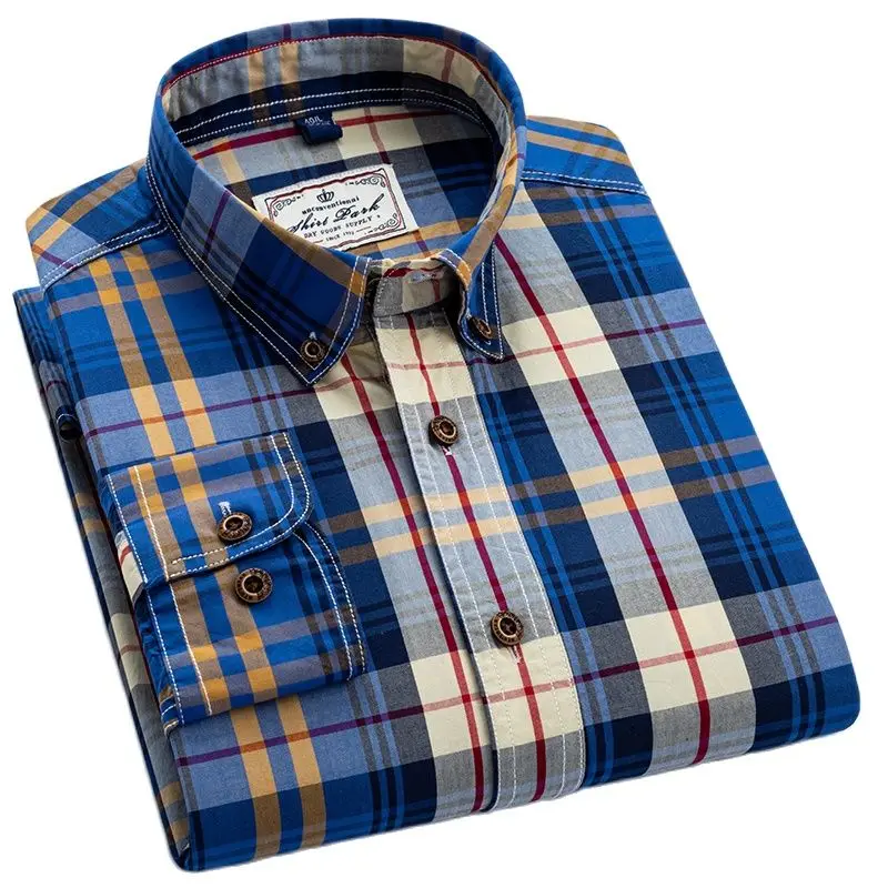 Camisa a cuadros para hombre, camisa de manga larga con bolsillo, 100% algodón, ajustada, con botones, a la moda, para primavera y otoño