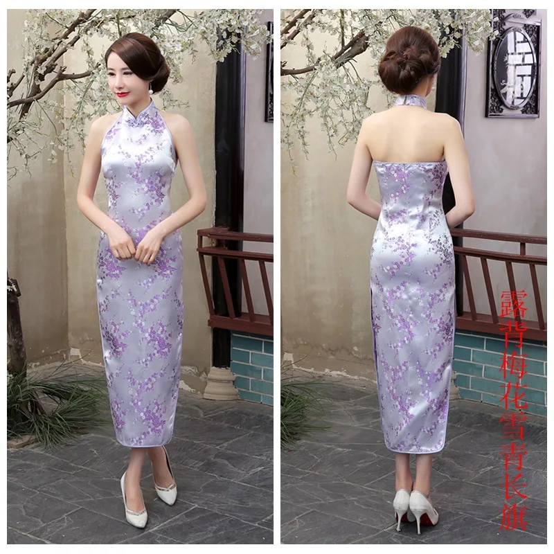 Çin ulusal uzun Cheongsam erik saten Vintage kostüm boyundan bağlamalı elbise sosyetik zarif kadın elbiseler Qipao
