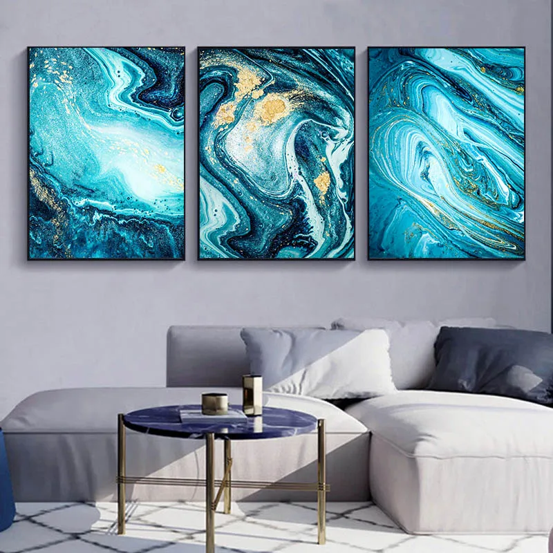 

3 Pieces Abstract Nordic Sea Blue Golden Posters Pictures Canvas Wall Art Decorative Home Decor Paintings Living Room Decoration