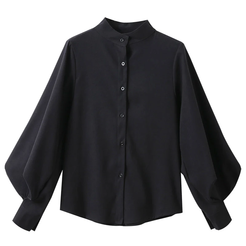 Blusa de manga farol grande para mujer, camisa de cuello alto de una sola botonadura, blusa de trabajo de oficina, color sólido, Vintage, Otoño e