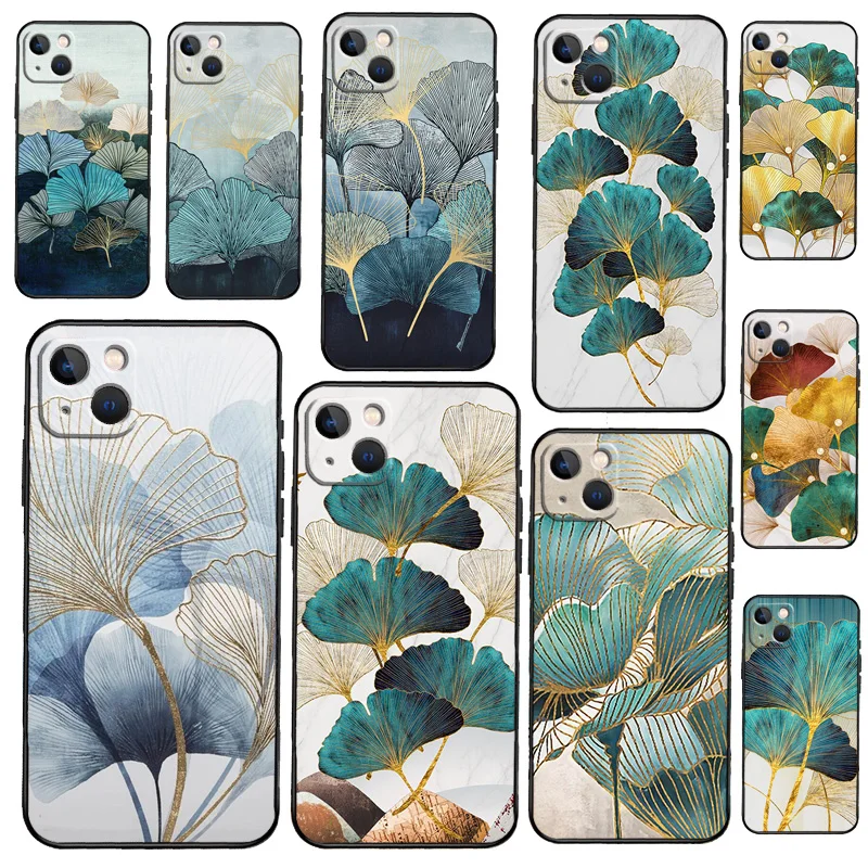 Funda de lujo con diseño de hoja de Ginkgo para iPhone, carcasa parachoques para modelos 13, 11, 12, 14, 15 Pro Max, XR, XS, X, 7, 8 Plus, SE 2020, 13 Mini