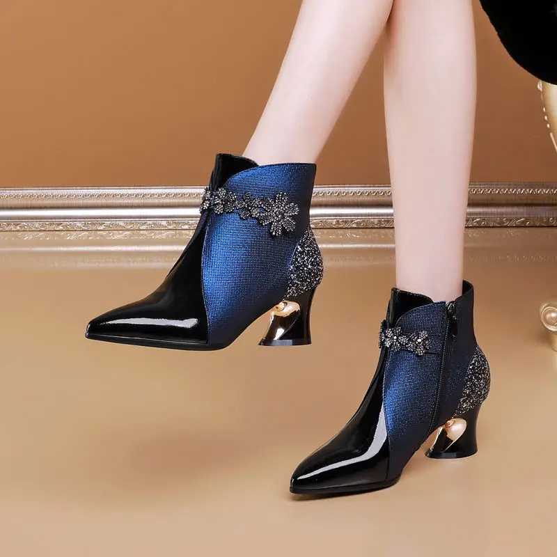 FHC Leather Women Short Boots,Rhinestone Booties,Winter Shoes,Ankle Botas,Side Zip,Pointed Toe,Mixed Colors,Blue,Red,Dropship