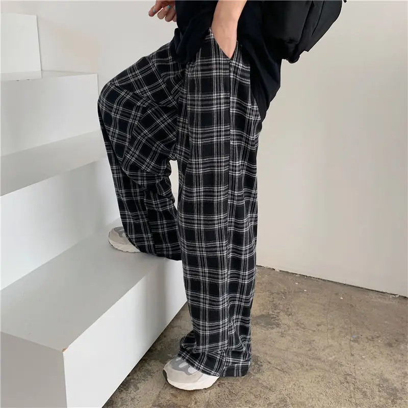 M-L Plaid Pants Women Casual Loose Wide Leg Trousers With Pocket Ins Retro Teens Straight Trousers Hip-hop Unisex Streetwear