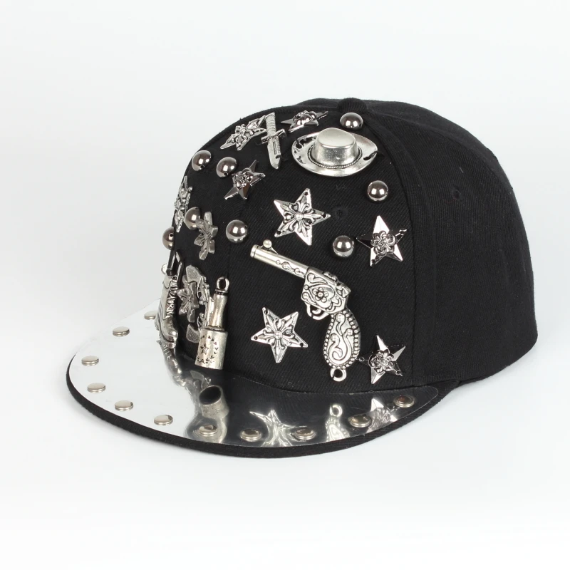 Wholesale European and American Punk Style Rivets Flat Eaves metal brim rebound Hip-Hop Snapback Cap Sports Hats