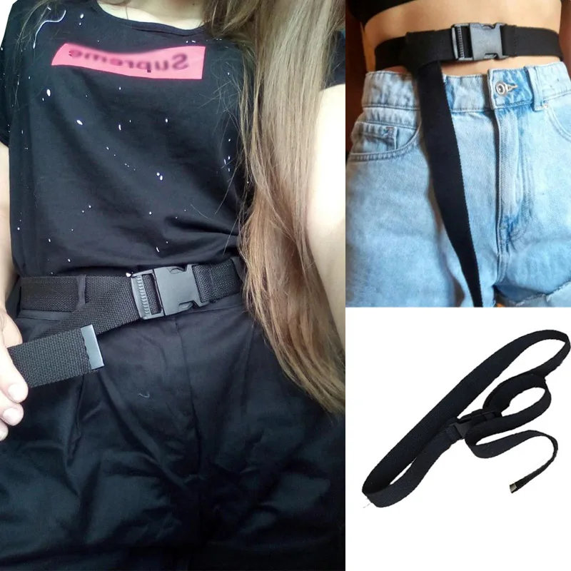 Women Men Unisex Canvas Belts Casual Female Plastic Buckle Tactical Waist Belts Harajuku Solid Color Long Black Jeans Waistband