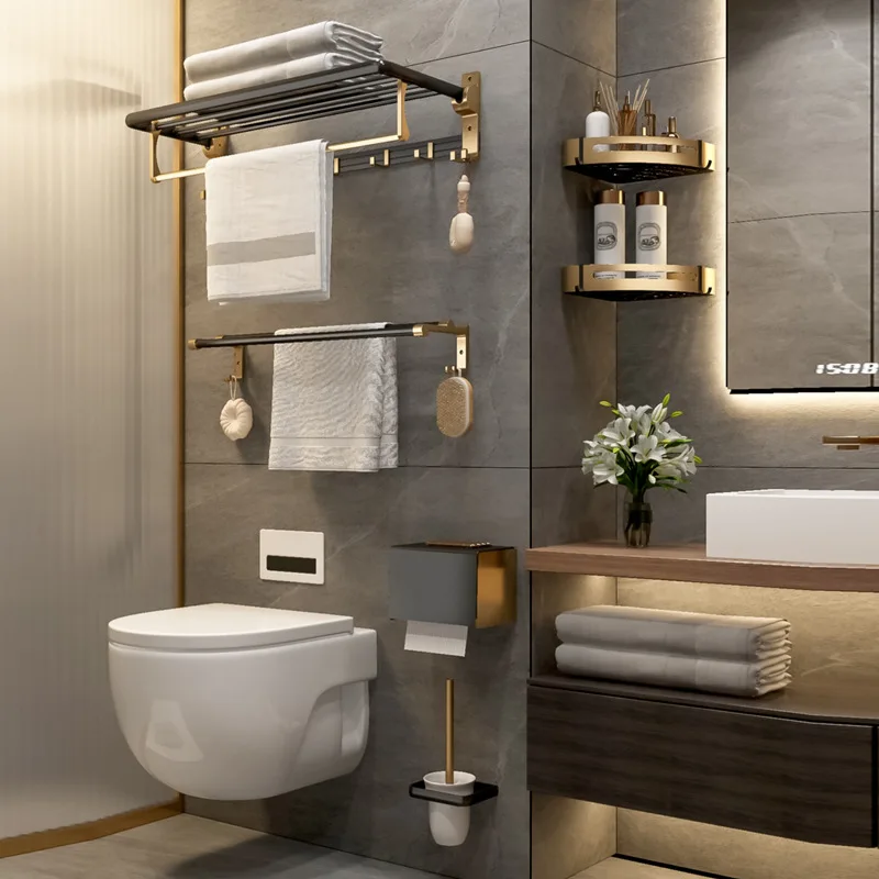 Set For Bathroom Holder Towel Toilet Brush Punch-Free Luxury Toilet Paper Shelves Shower Curtain Shower Accessories Shelf