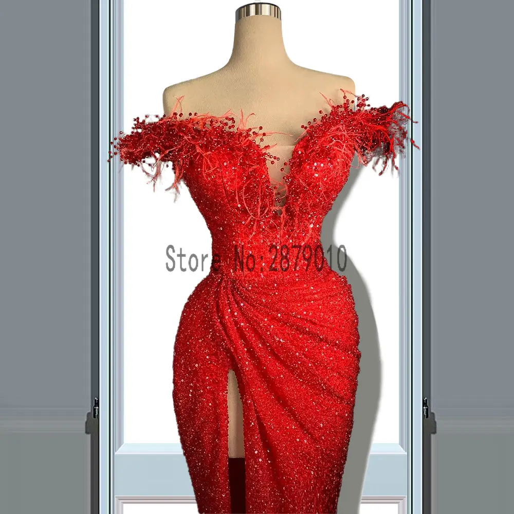 Off Shoulder Red Sparkly Mermaid Evening Dresses Sweetheart Neck Feathers Split Evening Gowns Long Formal Dress