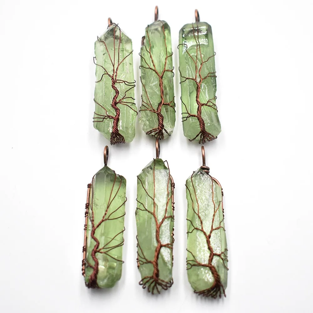 

Natural green fluorite Pillar Pendants Handmade Antique Copper Wire Wrapped Tree of Life Wholesale 6Pcs/Lot for Necklace Jewelry