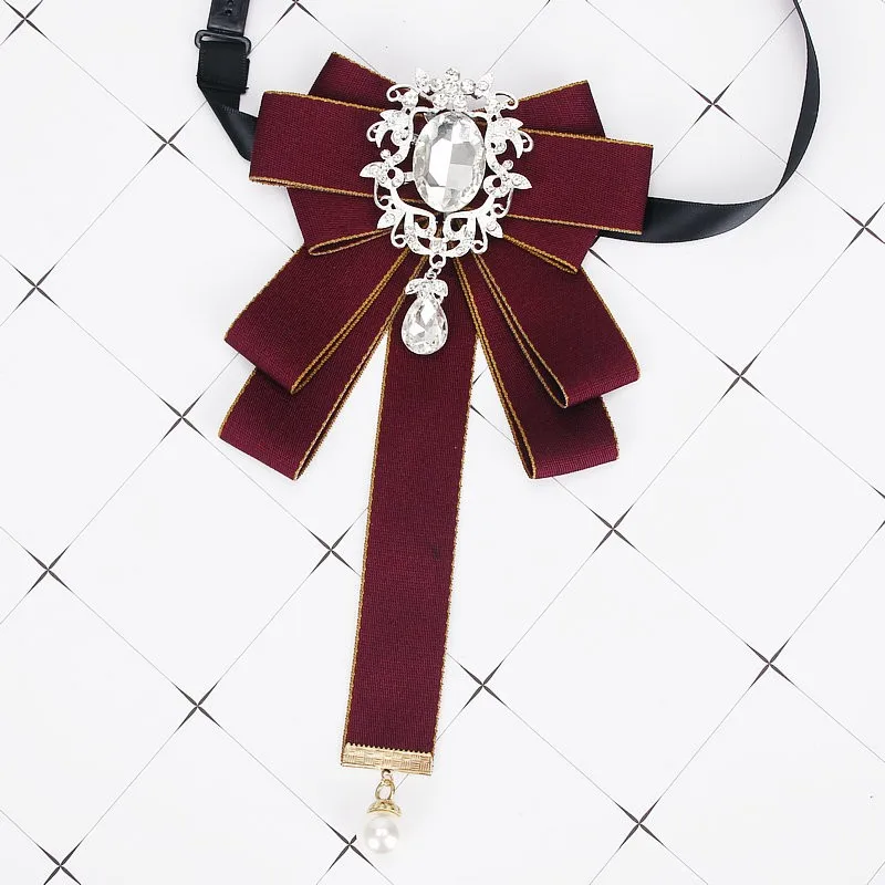 Gorgeous Bow Tie Vintage Luxury Lady Head Diamond Pearl Ribbon Tassel Brooch Chic Girls Elegant Costume Jewelry Collar Pin