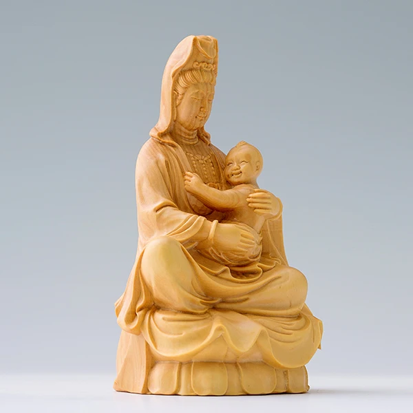 Wooden Carved Child-Giving Guanyin Bodhisattva, Handcrafted Home Decor for Living Room, Gift and Collectible