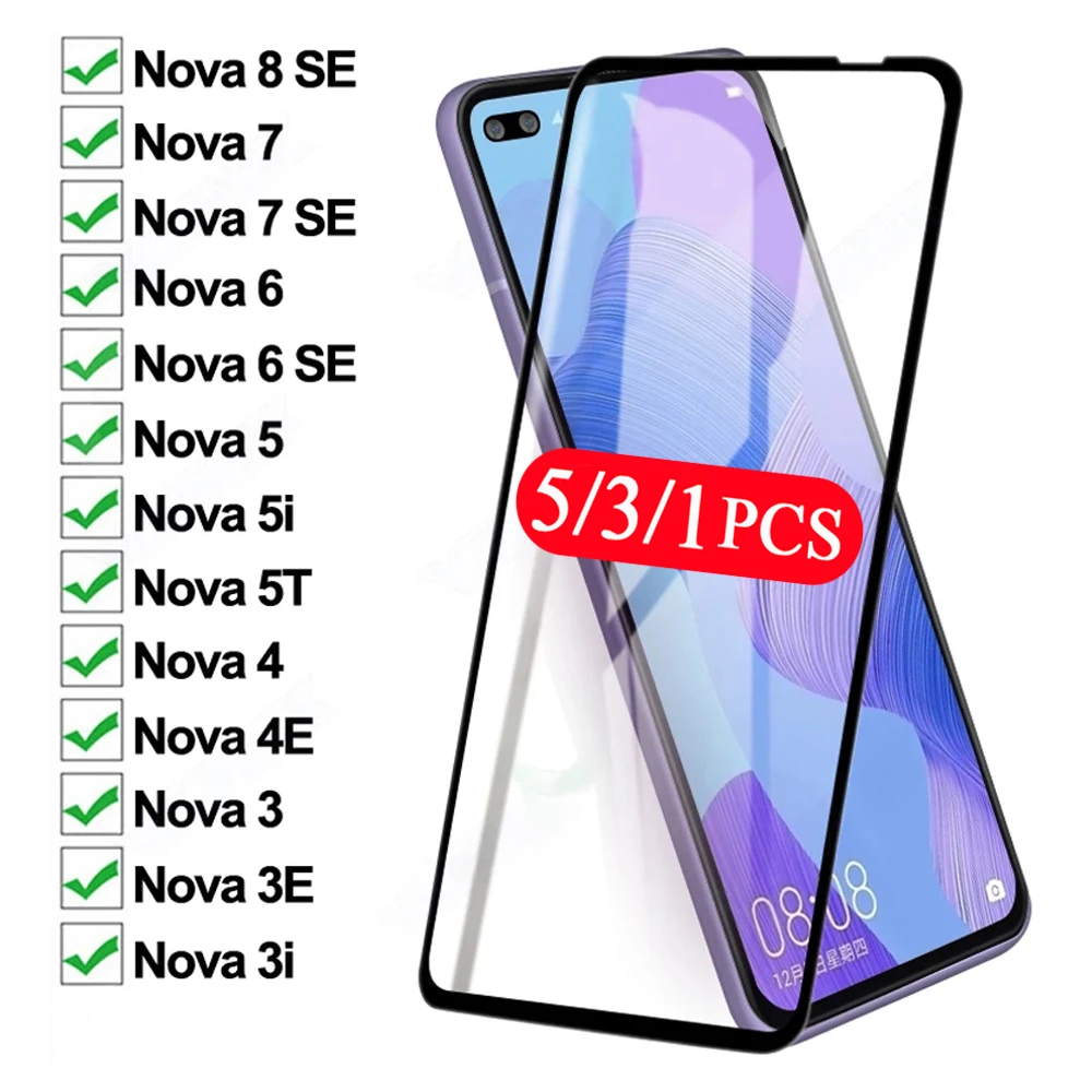 5-1Pcs full cover protective for huawei nova 5 5T 5Z 5i 6 7 SE 7i 8 pro 3 3i 3E 4 4E tempered glass phone screen protector film