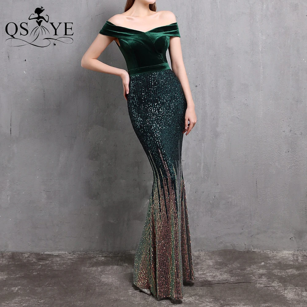 QSYYE vestido de noche de terciopelo verde esmeralda, traje largo con hombros descubiertos de sirena, lentejuelas desteñidas, elegante, parte inferior dorada, vestido de fiesta Formal