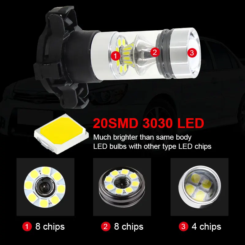 2pcs Amber Yellow White 20SMD 100w PY24W 5200s LED Bulbs w/ Reflector Mirror Design For BMW Audi Front Turn Signal Lights