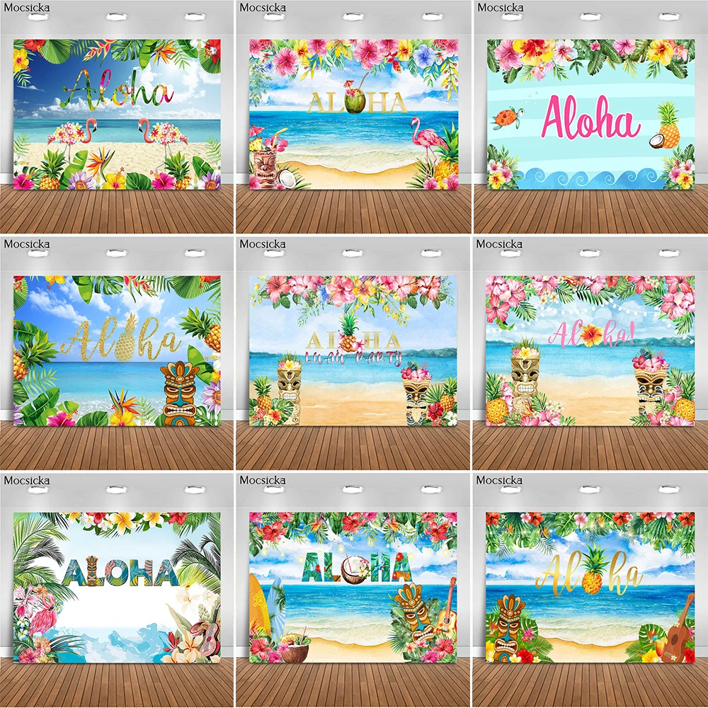 MOCSICKA Aloha Floral Birthday Party Background Hawaiian Flamingo Photography Background Beach Blue Sky White Clouds Banner