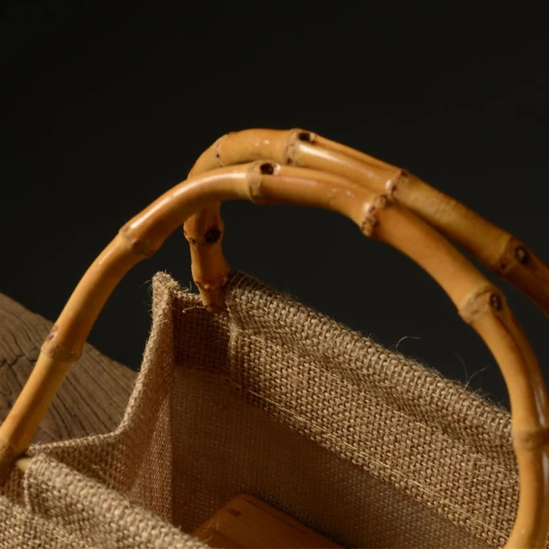 2021 New Portable Burlap Jute Shopping Bag Handbag Bamboo Loop Handles Reusable Tote Grocery Bags