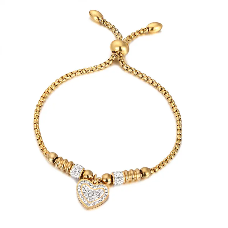 Adjustable Size Full Zircon Heart Charm Stainless Steel Gold Color Bracelet For Women Kids Best Birthday Gift