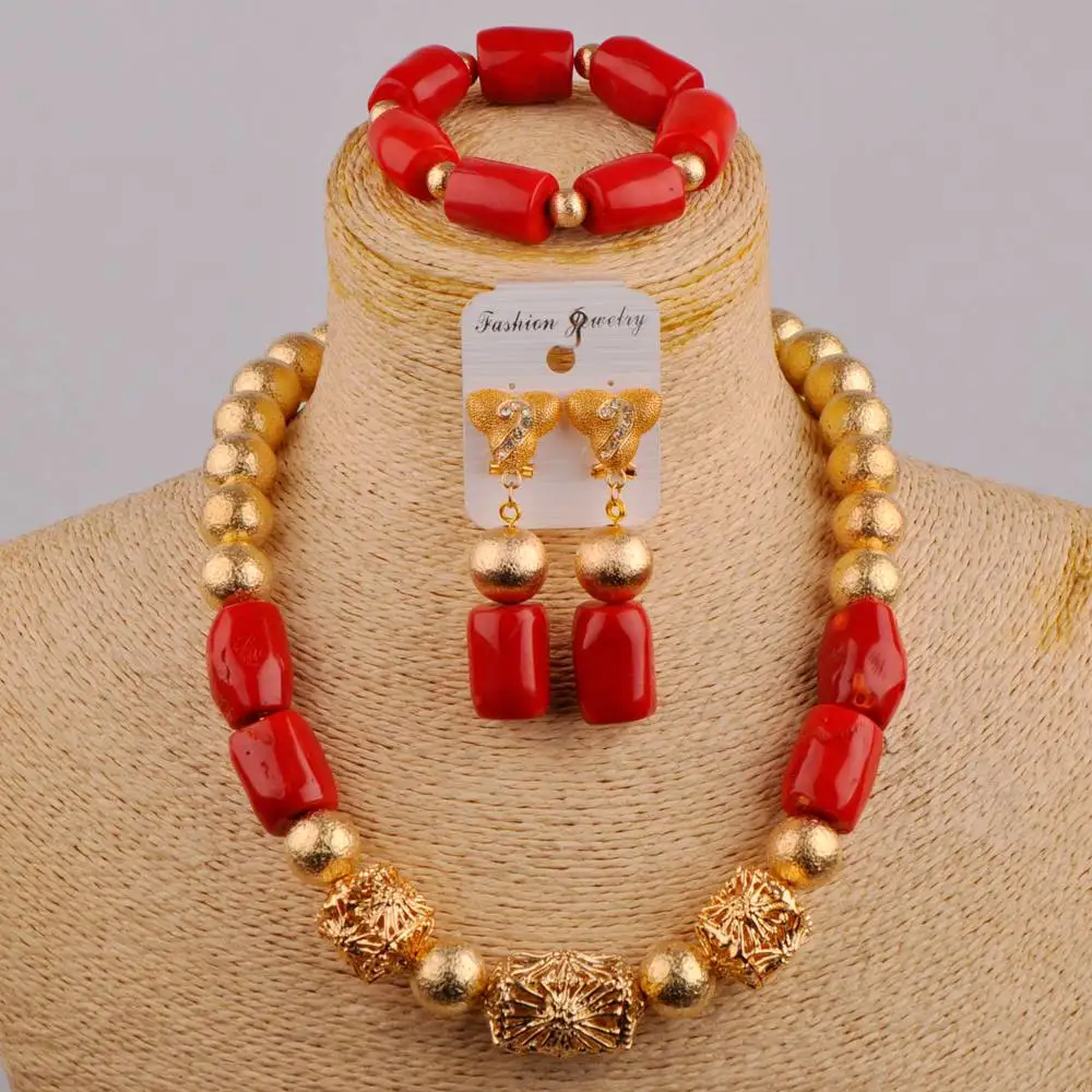 

African Wedding Beads Nigerian Bride Wedding Female Wedding Dress Accessories Red Coral Necklace Wedding Jewelry Set AU-334