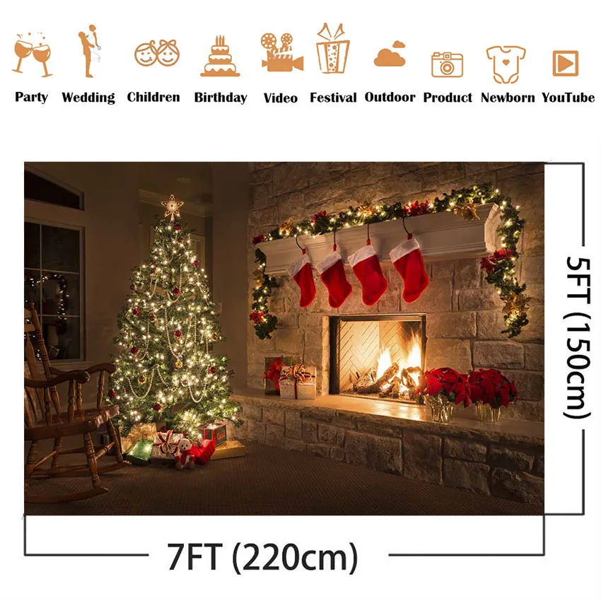 Glitter Christmas tree backdrop for photography Burning flame fireplace red sock background for photo studio brick fireplace