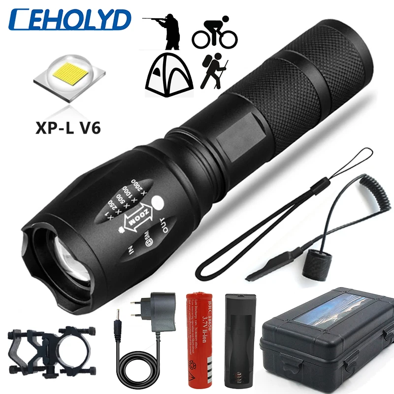 

CEHOLYD Led flashlight Ultra Bright torch V6/L2/T6 Camping light 5 switch Modes Zoomable Bicycle Light use 18650 battery