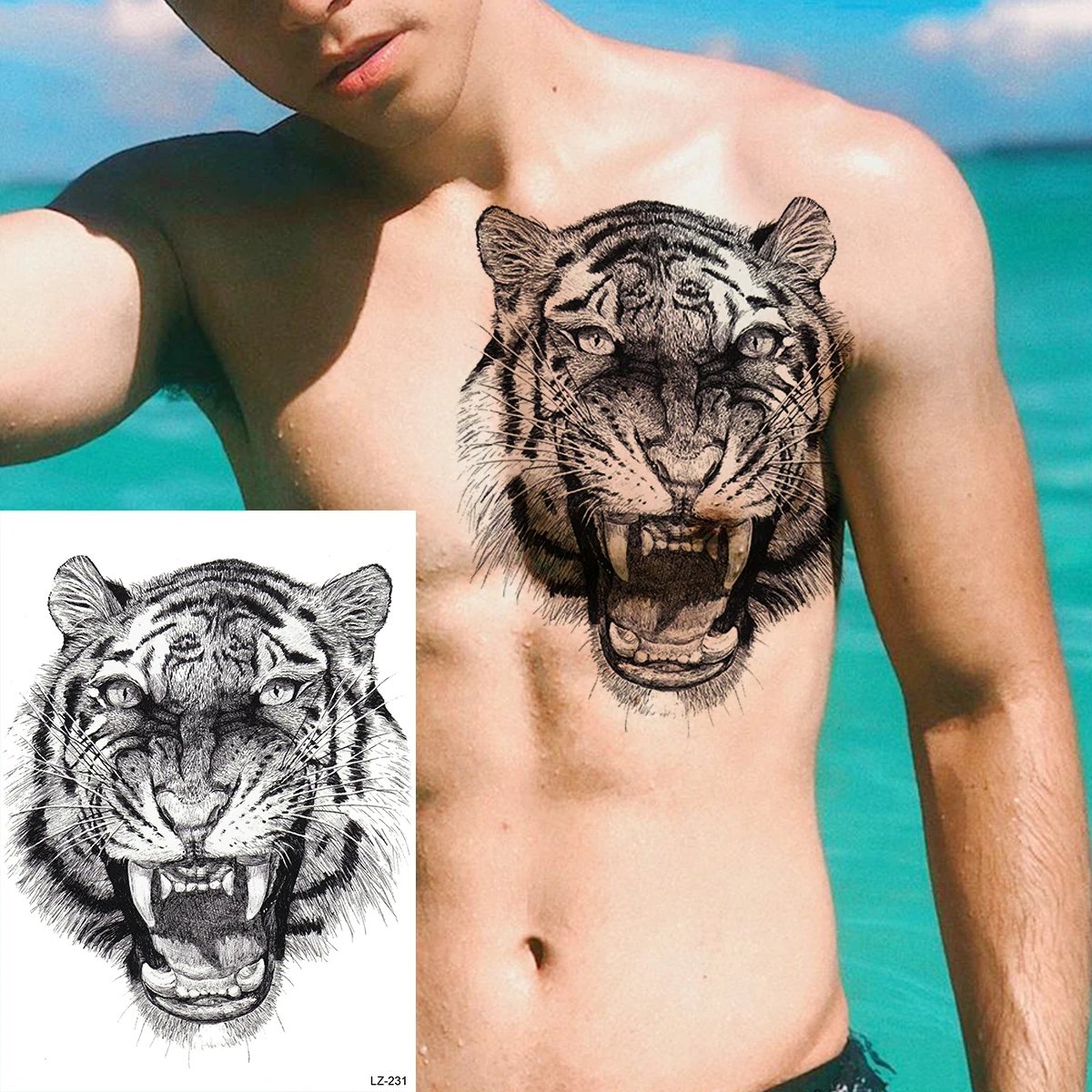 Big Black Tiger Tattoos Fake Men Wolf Leopard Tatoos Waterproof Large Beast Monster Body Arm Legs Tattoos Temporary Paper Cover