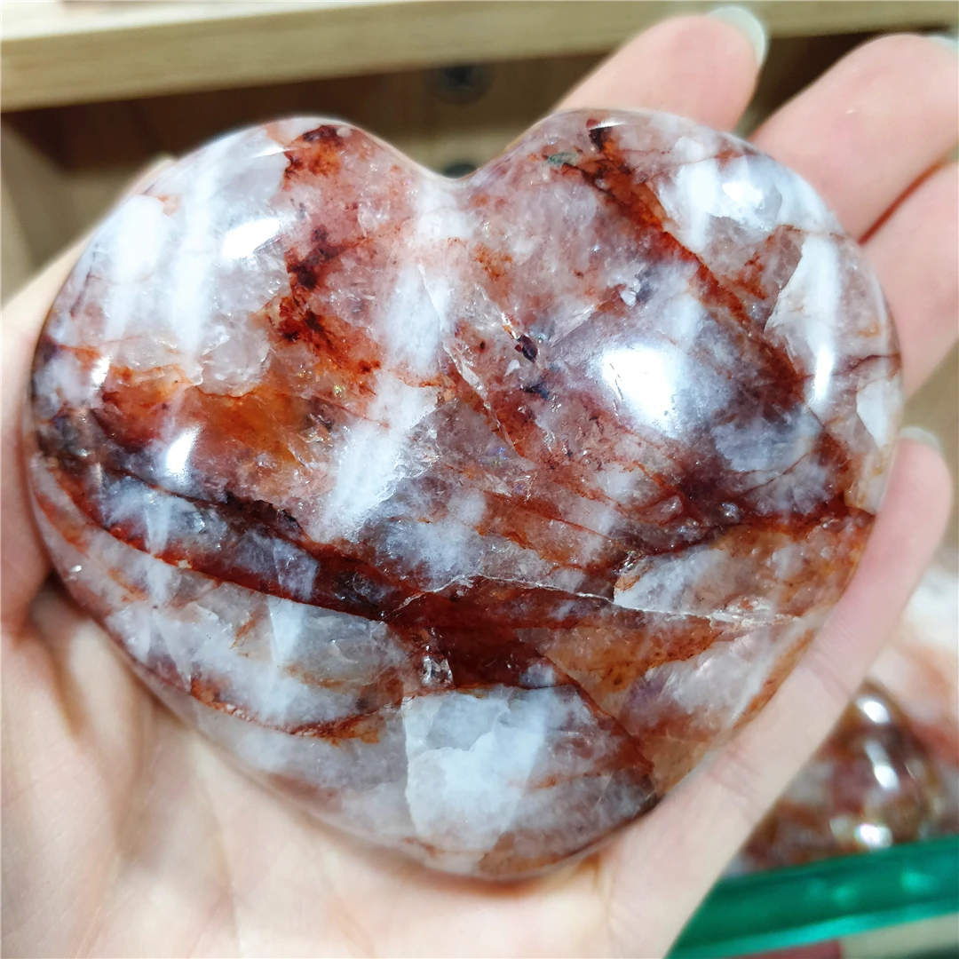 Natural Fire Quartz With Rainbow Cracks Raw Rock Crystal Crafts Mineral Specimens Carving Love Heart Ornaments Feng Shui Decor