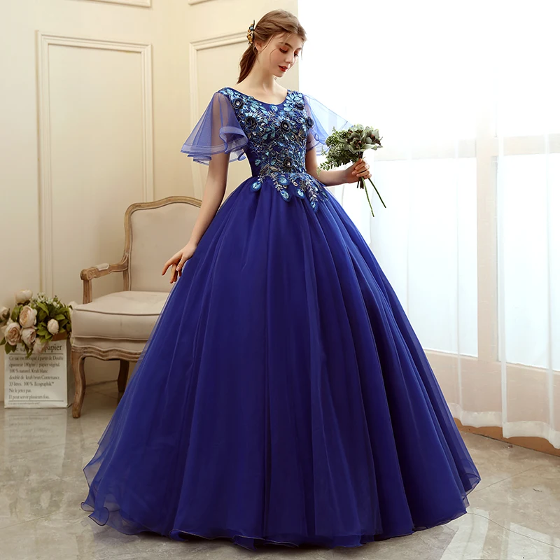 2020 ใหม่สีฟ้า Quinceanera Elegant PARTY PROM O-Neck แขนสั้น Ball Gown ดอกไม้พิมพ์ Quinceanera Vestidos Dresses