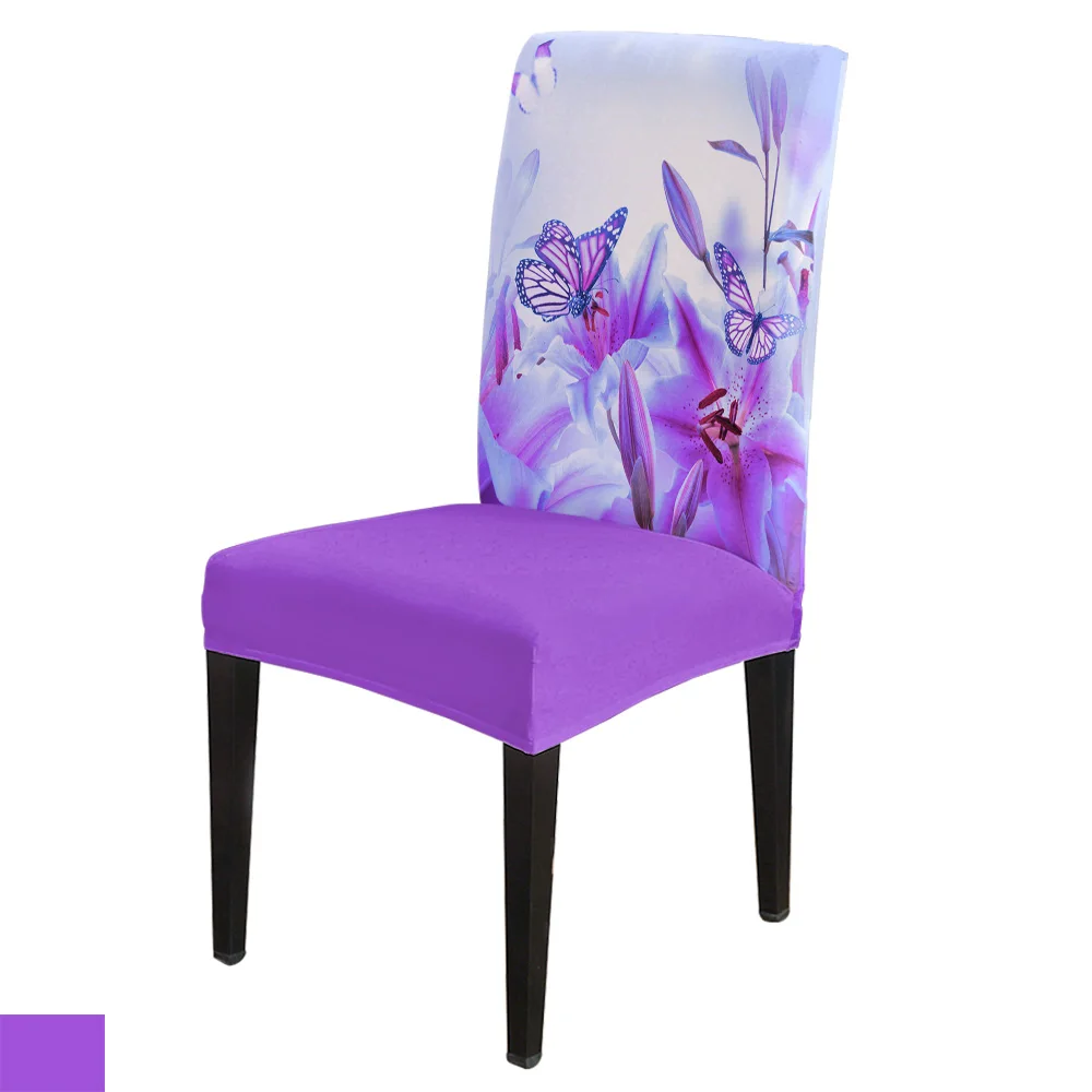 Dining Chair Covers Purple Butterfly Lily Flower  Chair Cover Spandex Elastic Chair Cover Hotel Wedding Supplies