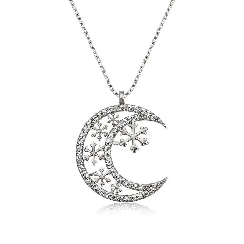 Silver Moon Snowflake Lady Necklace Zircon Stone 925 Sterling Women Fine Jewelry Wedding Party Birthday Gift - Box - Pendant - Chain Choker - Female - Ladies - Fashion