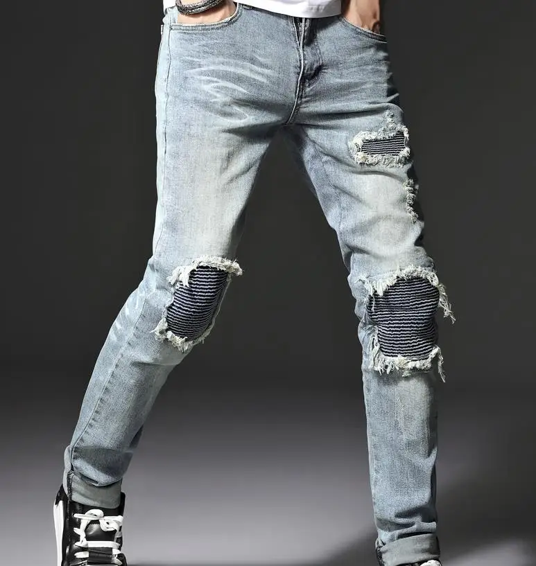 

Ripped Men's Distressed Slim Biker Jeans Patch Light Blue Vintage Washed Denim Elastic Skinny Pants Size 28-40 High Quality