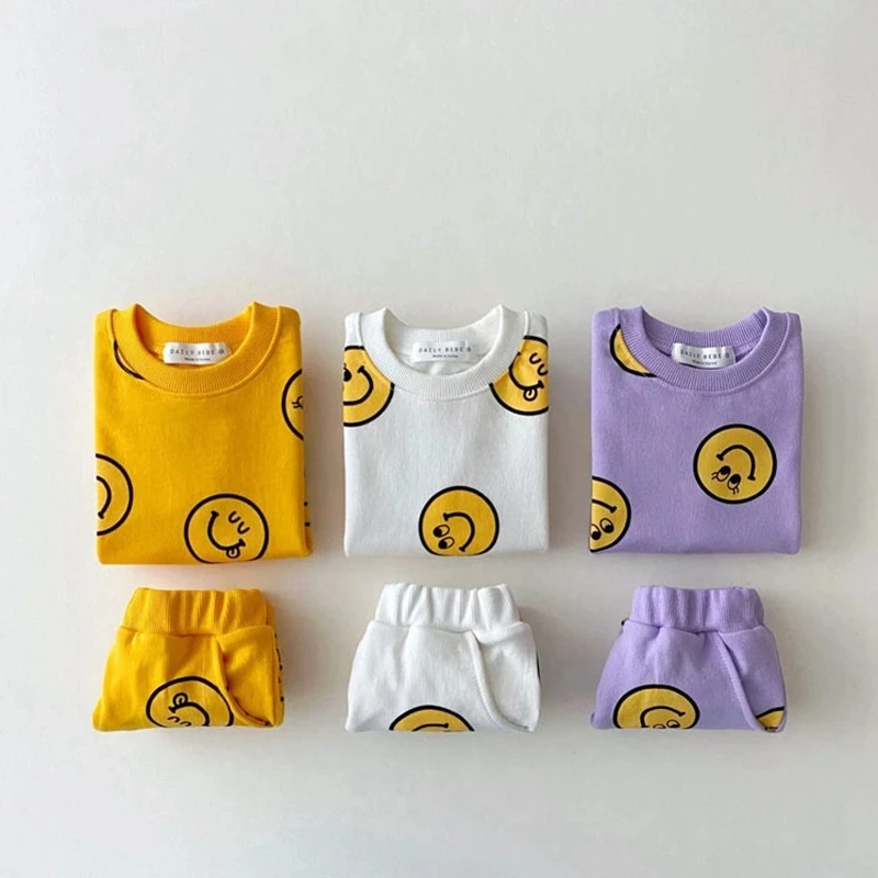 Korean Baby Kids Short Sleeve Tshirt Shorts Sets Cute Toddler Boy Girl Smiling Face Cotton Clothing Sets Kids Two Piece Sets