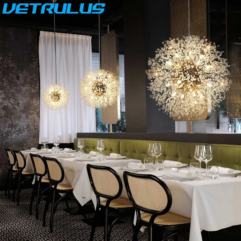 Modern Sparkly Chandelier Crystal Ceiling Lamp Dandelion LED Pendant Hanging Light Lustres Restaurant Living Dining Room Decor