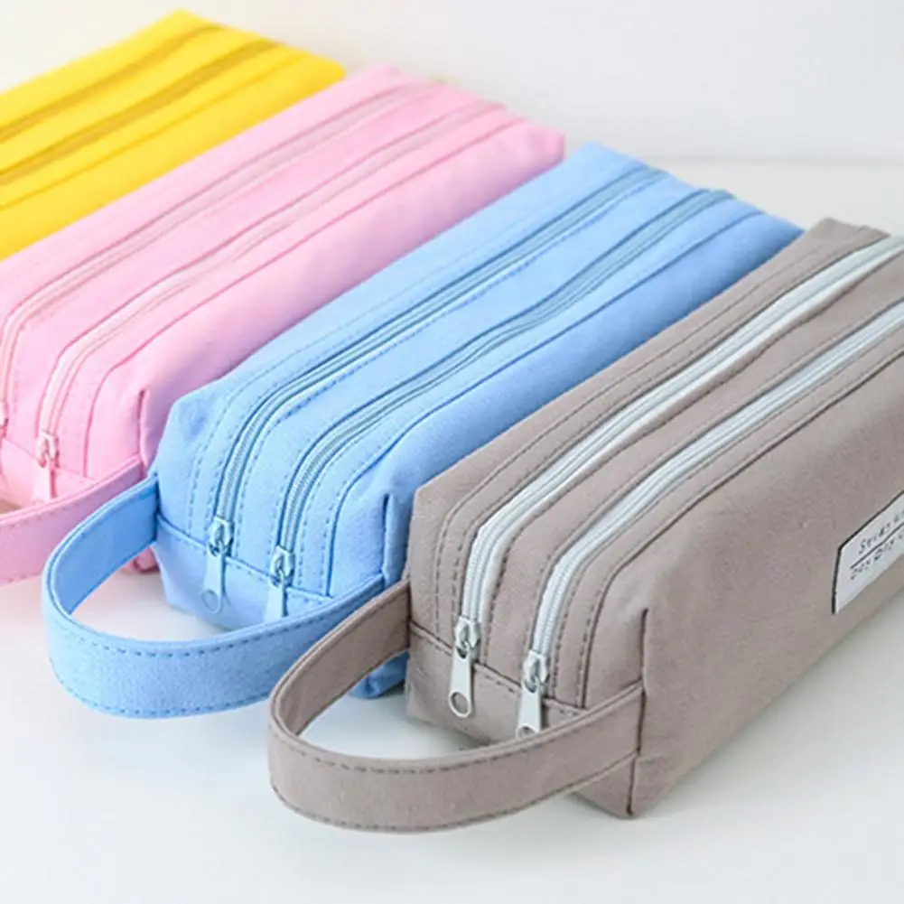 Portable Canvas Zip Double Layer Pencil Case Large Capacity Stationery Pen Bag Double Layers Zipper Closure Portable Pencil Case