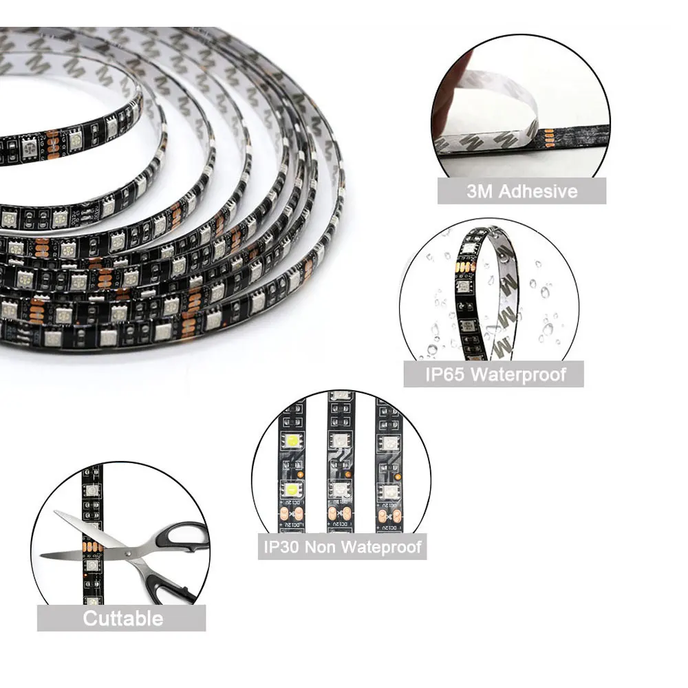 DC12V LED Strip 5050 60 LEDs/m Flexible Black PCB LED light RGB /Warm White/Red/Green/Blue/Yellow 1M 2M 3M 4M 5M Waterproof IP65