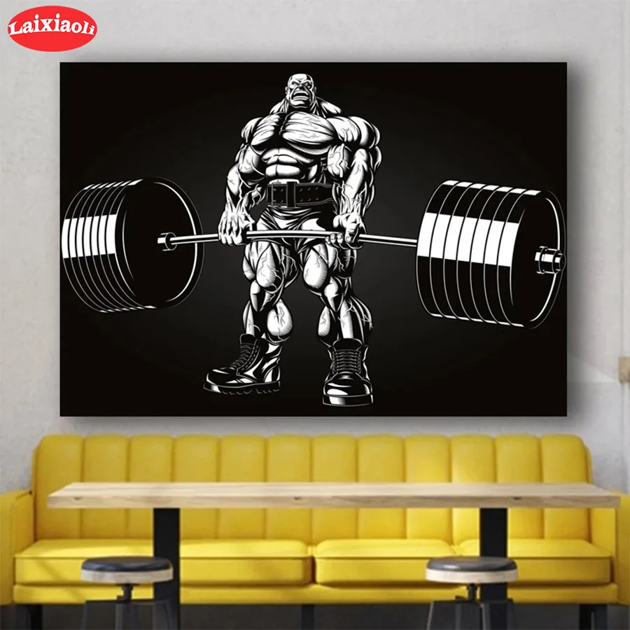 5D DIY Diamond Black and white cartoon art, fitness expert, barbell Embroidery Full Diamond Painting Cross Stitch Decor For Home