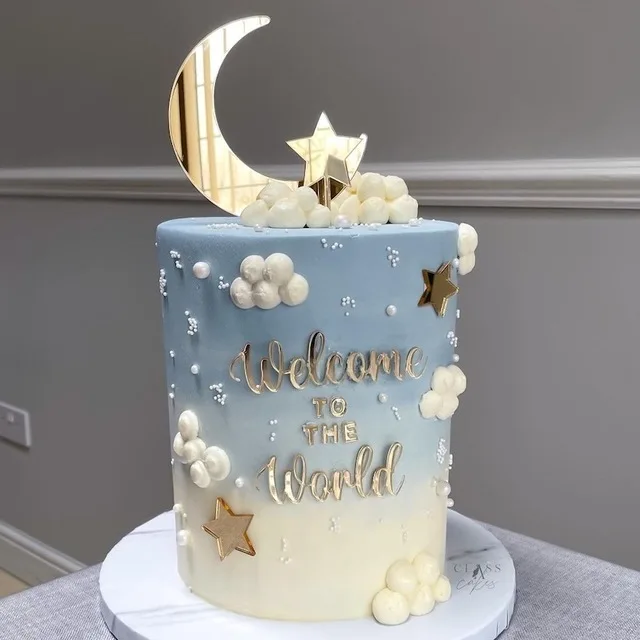 New Gold Acrylic Birthday Cake Topper Golden Welcome To The Stars Moon Cake Toppers for Baby Birthday Party Cupcake Decoration