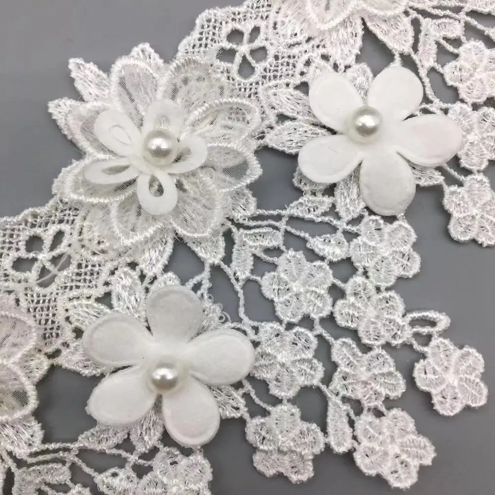 1 yard White 3D Flower Pearl Embroidered Net Lace Fabric Trim Ribbons DIY Sewing Handmade Wedding Dress Clothe Craft Materials