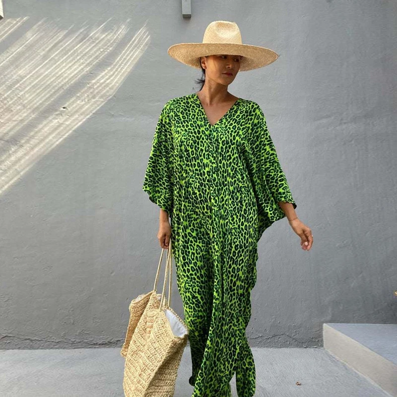 Green Leopard Print Women\'s Dress Comfy Lounge Wild Animal Camouflage Color Kaftan Airy Gown Chic Summer Long Tunic Resortwear