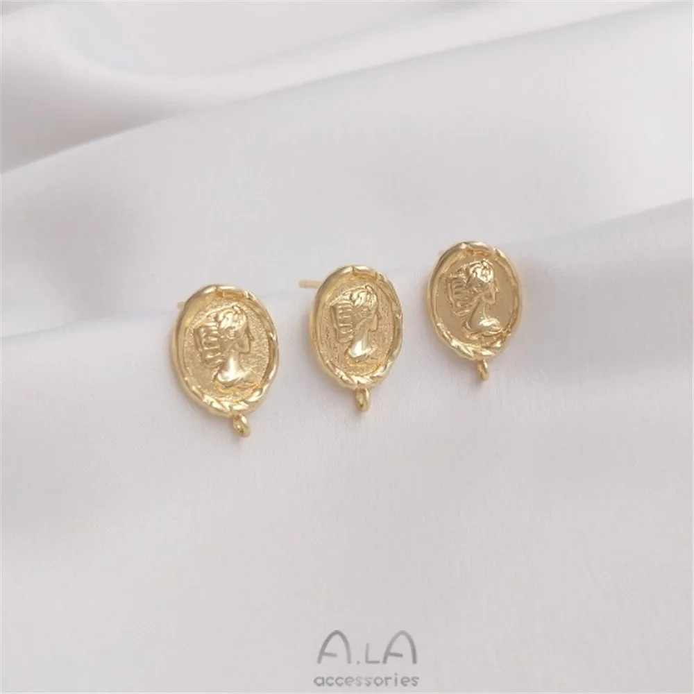 14K gold wrapped Queen's head gold coin with Earrings 925 silver needle DIY fashion retro earrings