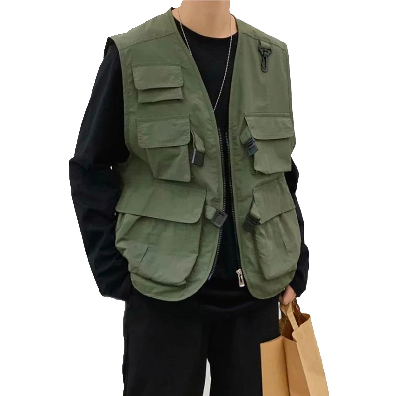 2022 Mens Fashion Tooling Vest Men Streetwear Cargo Vest Hip Hop Sleeveless Jacket Gilet Military Multi-Pocket Outdoors Jacket