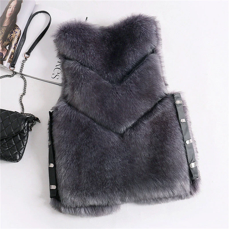 Winter Fur Vest Women Solid Color Chic Side Buckle Short Sleeveless Vest Jacket Slim Loose Plus Velvet Thickening Women Clothing
