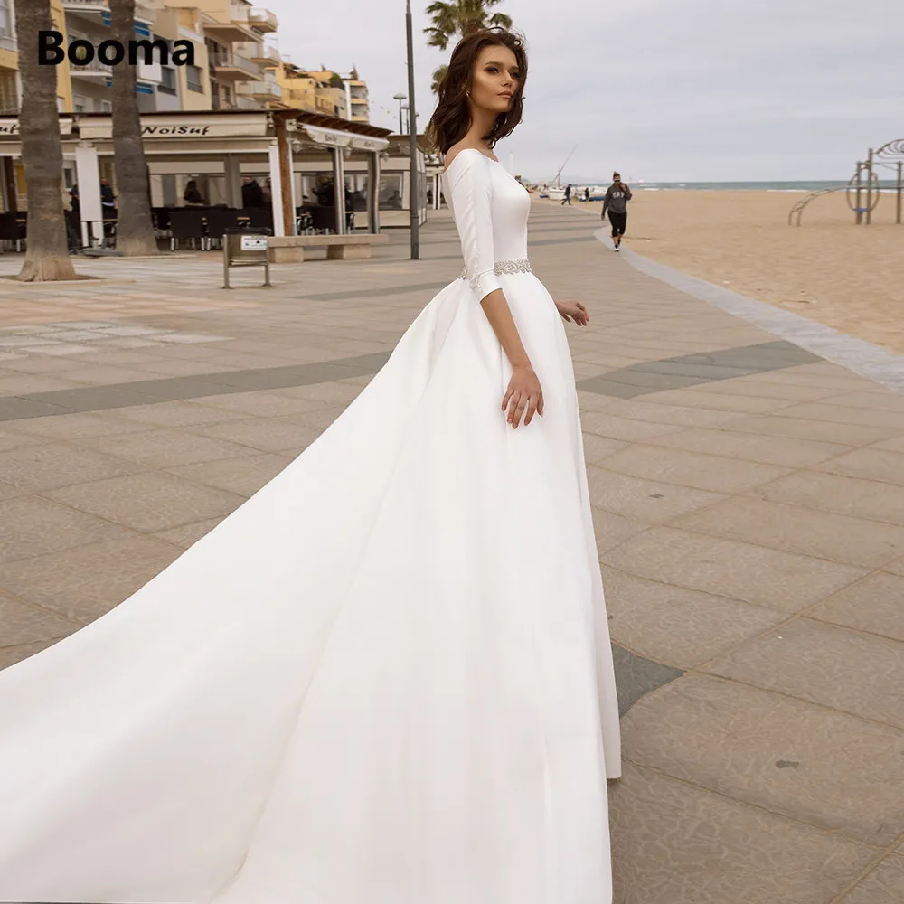 Elegante vestido de novia de satén de marfil, Media manga, con cinturón de cristal, corte en A, talla grande