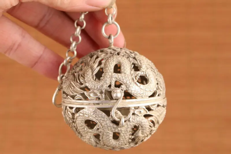 

chinese tibet silver dragon phoenix statue pendant Incense ball Art netsuke