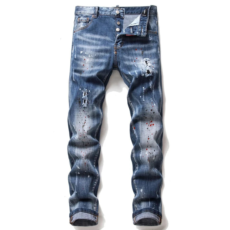 

Summer Slim Fit New Jeans For Men's Streetwear Korean Badge Blue Designer Denim Casual Fashion Homme Pants Hole Denim Trousers