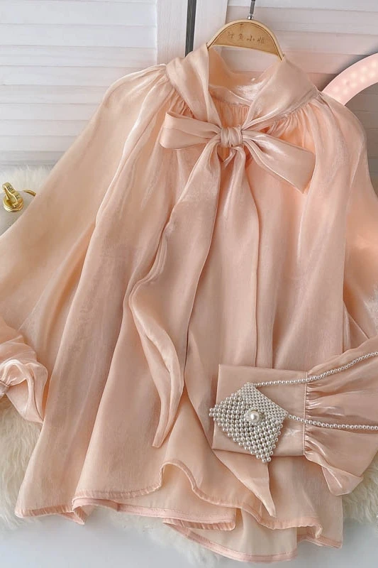 YUZACDWX High Quality 2024 Autumn Shirt Female Bow Tie Collar Retro Bubble Long-Sleeved Elegant Blouse Women