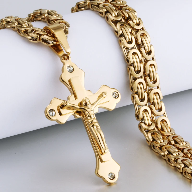 Byzantine Chain Crucifix Christ Jesus Pendant Necklace Multilayer Crystal Stainless Steel Cross Pendant Necklace Jewelry Gift