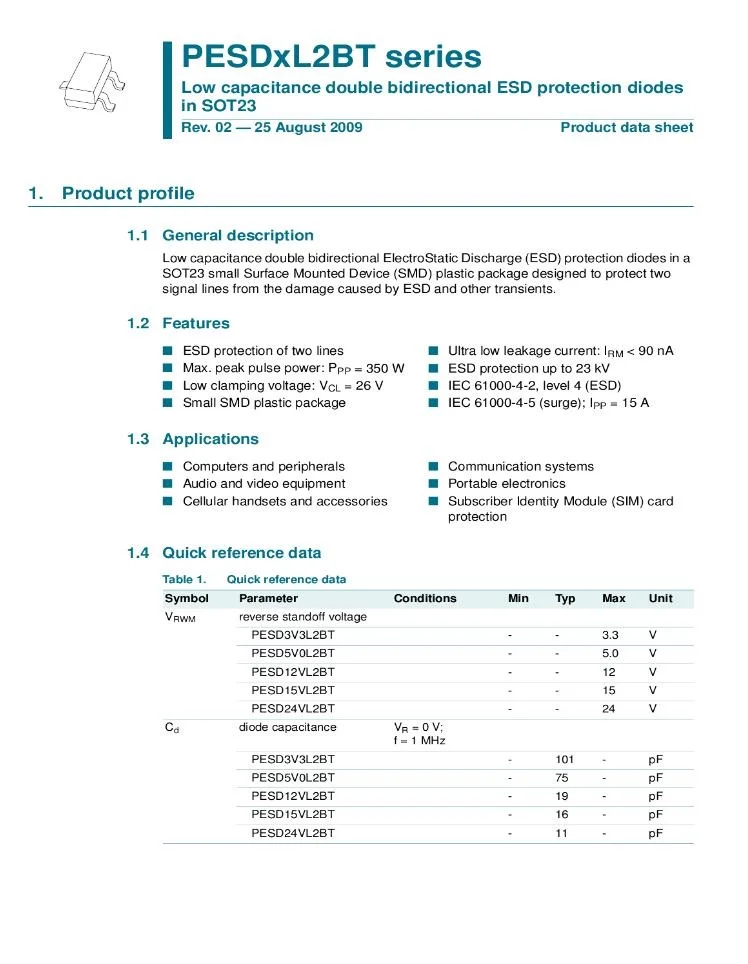 Free Shipping PESD12VL2BT PESD15VL2BT PESD24VL2BT SOT23 SOT-23-3 Low capacitance double bidirectional ESD protection diodes