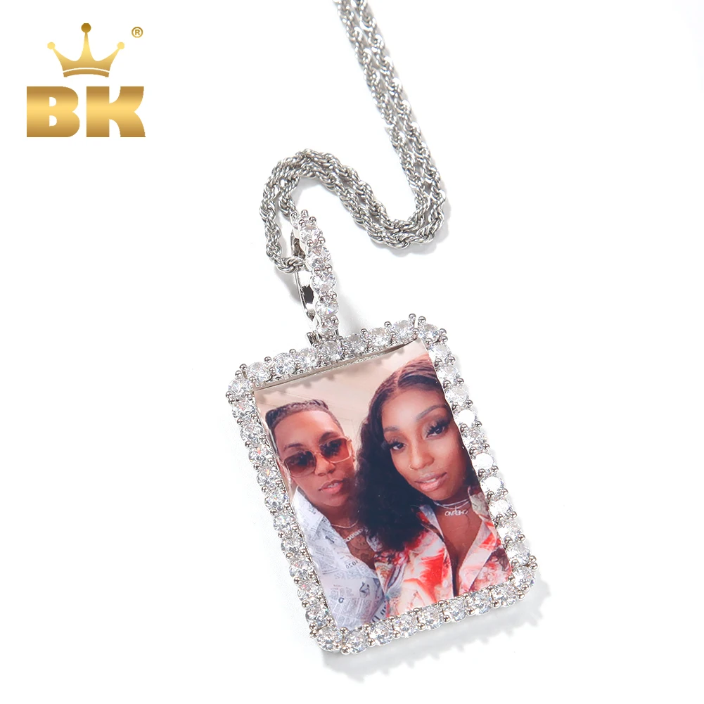 

The BLING KING 2 Sizes Rectangle Shape Photo Pendant Iced Out Cubic Zirconia Can be Engraved Name Custom Picture For Memory Gift