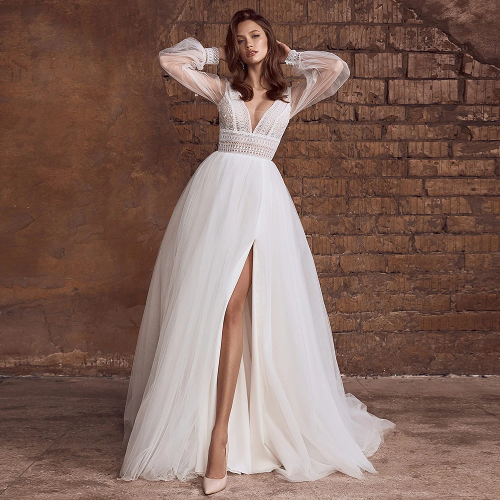 

Fashion Side Slit A-Line Lace Wedding Dresses Long Sleeve Sexy V-Neck Sweep TrainTulle White Bridal Gowns Robe De Mariée