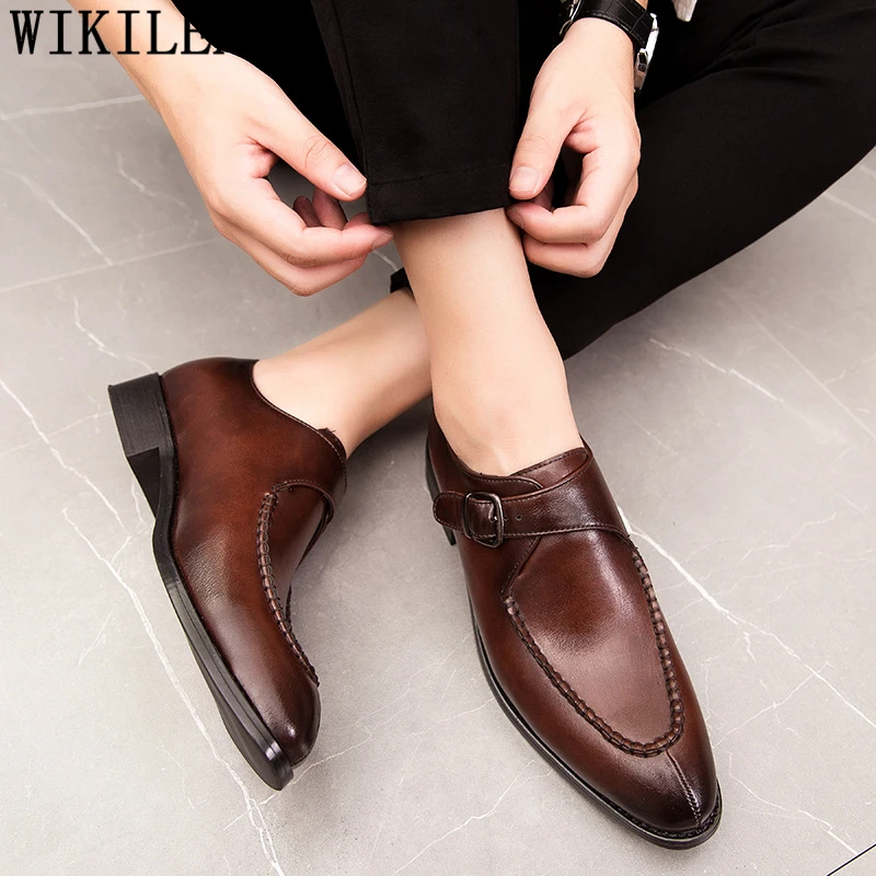 Monk Strap Shoes Pointed Italian Shoes Men Elegant Oxford Leather Shoes Men Office Fashion Chaussure Homme Classique Scarpe Uomo